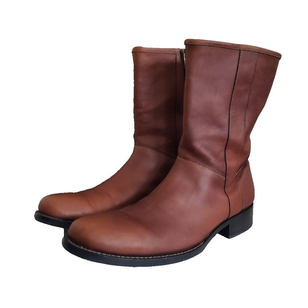 Cole Haan Maurice C06704 Mens 11.5 Brown Leather Side Zip Moto Biker Boots Chunk